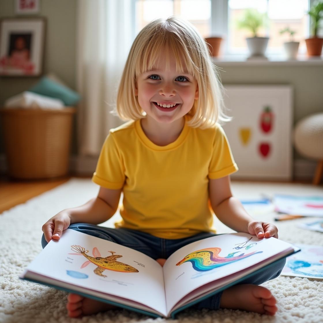 Smiling child holding completed Mini Maestro art book